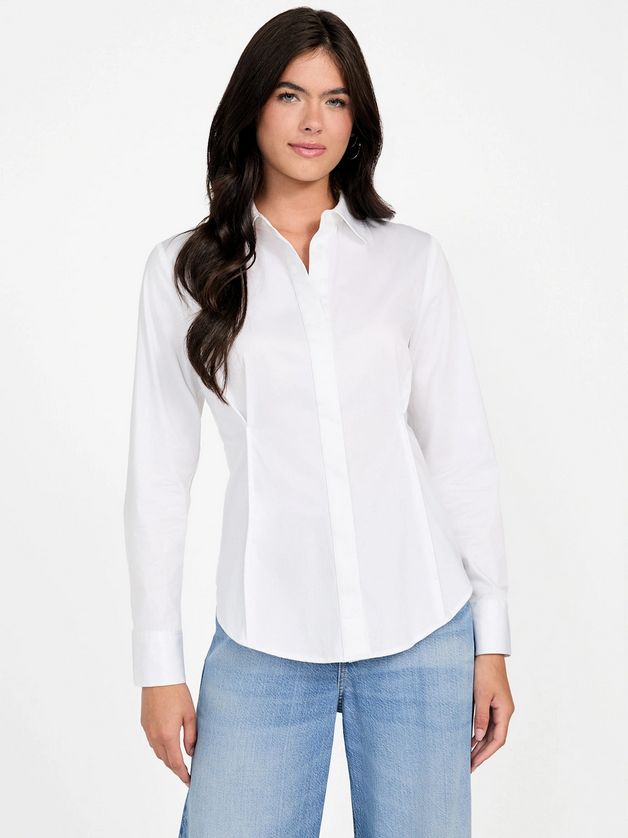Guess W5BH64WAF10 Women's Long Sleeve Cassidy Satin Shirt – White