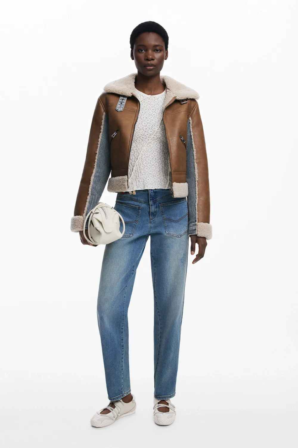 Desigual 25WWEW39/6000 Women's Combined Denim & Faux Leather Shearling Jacket