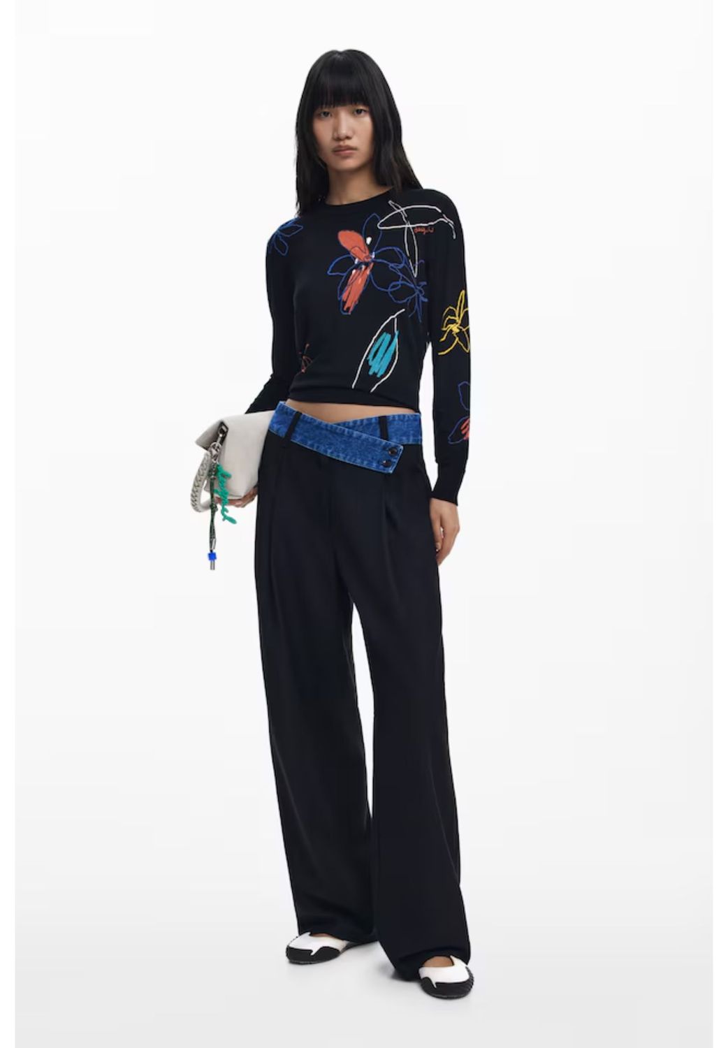 Desigual 25WWJF33/2000 Women's Long Sleeve Floral Sweater – Black