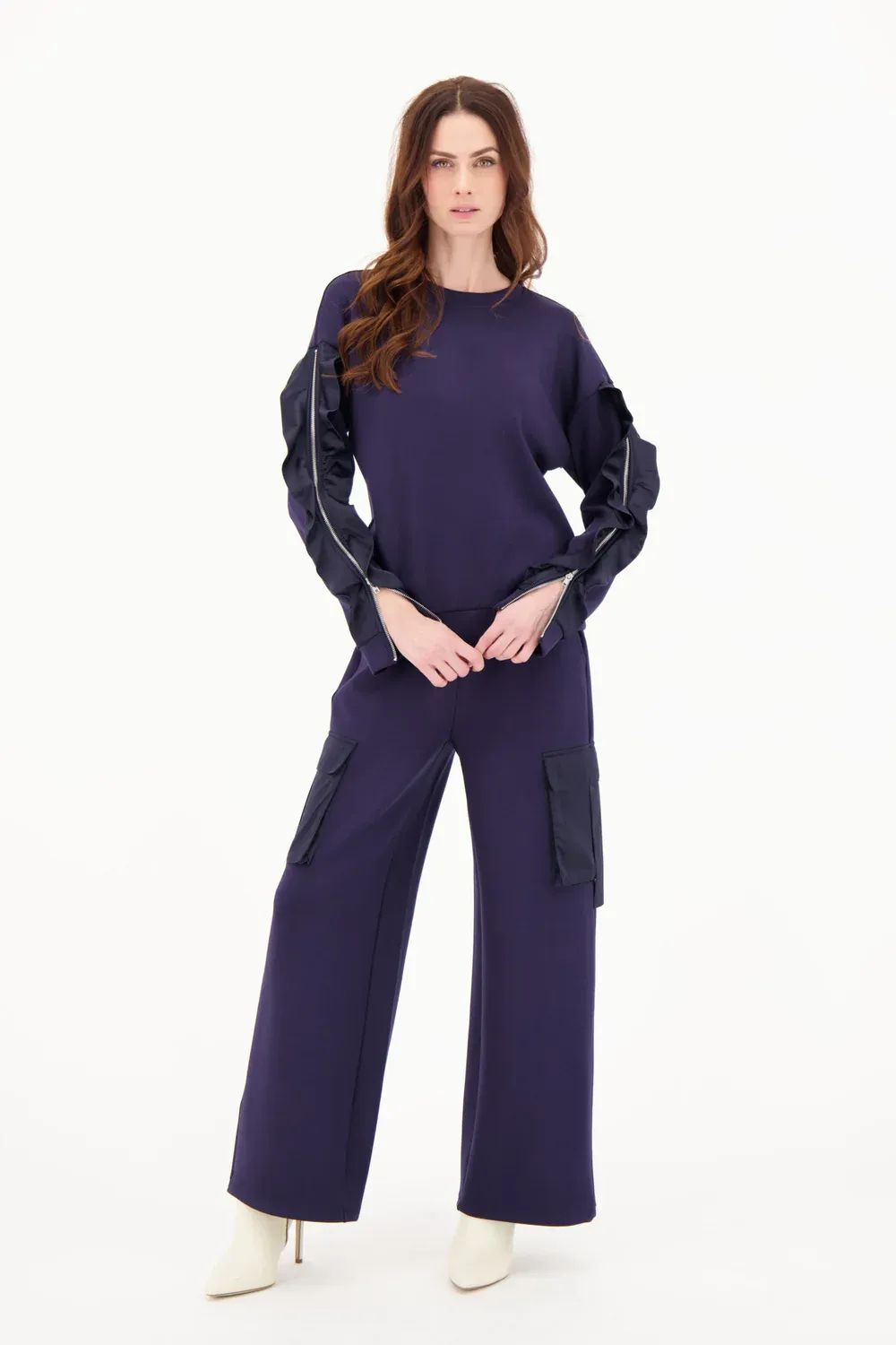 Gabby Isabella 525616- Spanner- Women's Satin Ruffle Zipper Long Sleeve Top