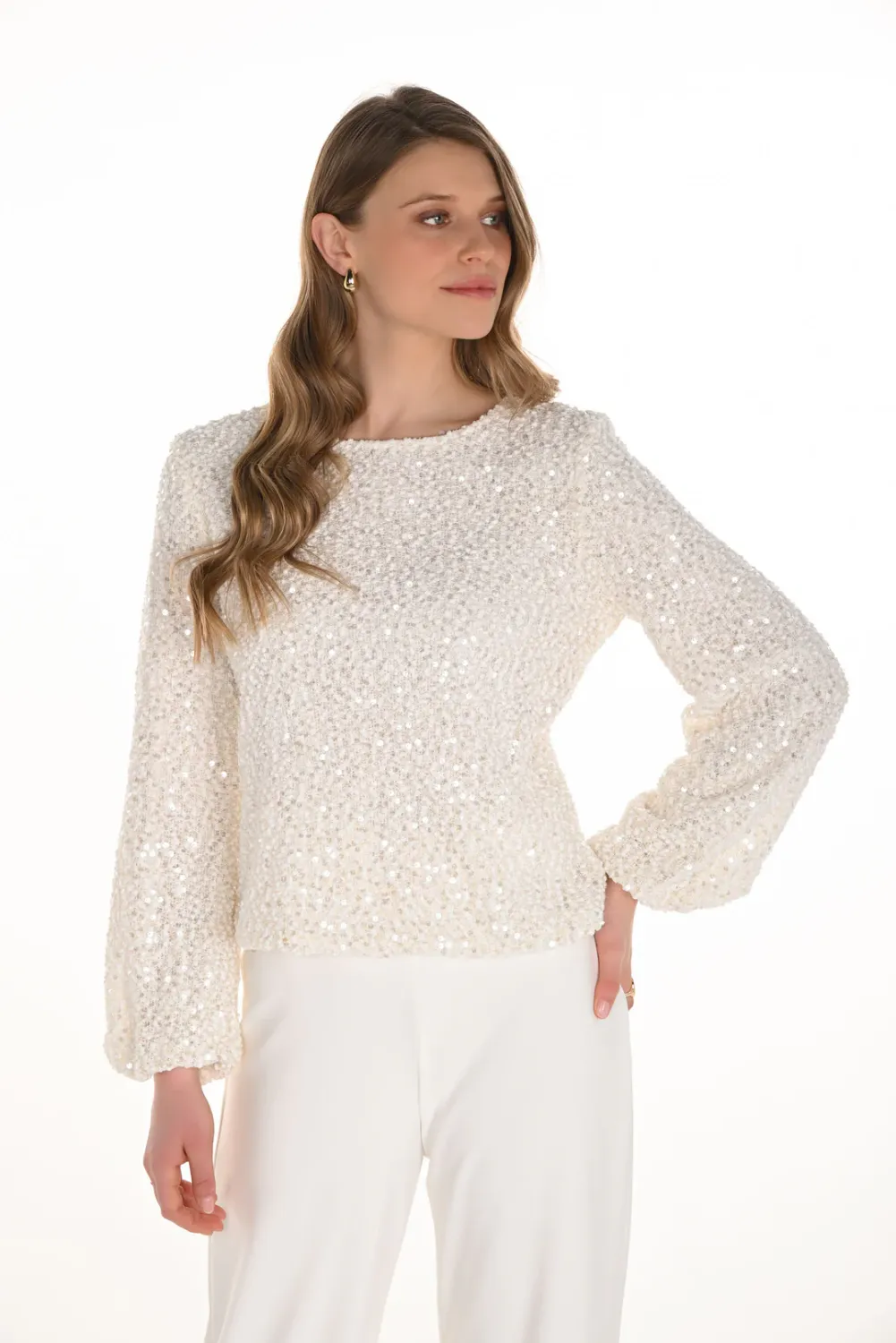Frank Lyman 254205 Women's Long Sleeve Round Neck Shimmer Knit Top