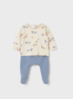 Mayoral 2567 Baby Boy's Long Sleeve Animal T-Shirt & Footed Pant Set 2PC – Blue Bell