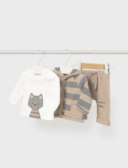 Mayoral 2625 Baby Boy's Long Sleeve Dog T-Shirt, Striped Cardigan & Pants Set 3PC – Cereal