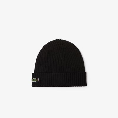 Lacoste RB0001 51 031 Men's Knit Ribbed Beanie/BLACK