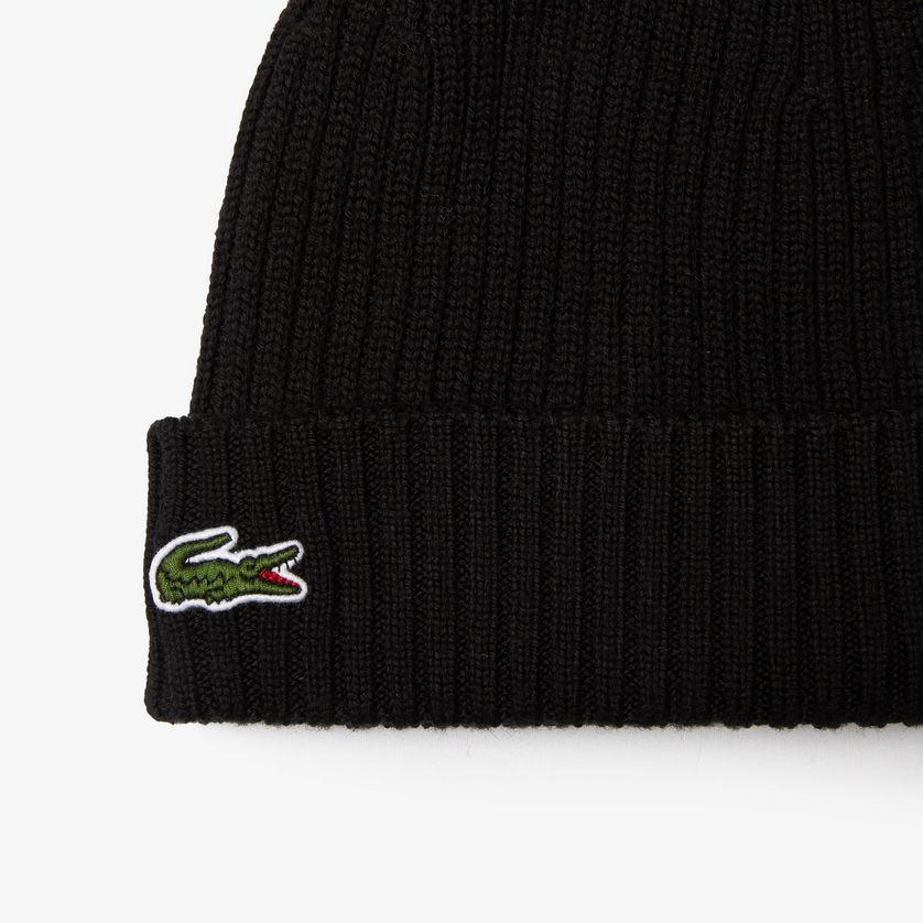 Lacoste RB0001 51 031 Men's Knit Ribbed Beanie – Black