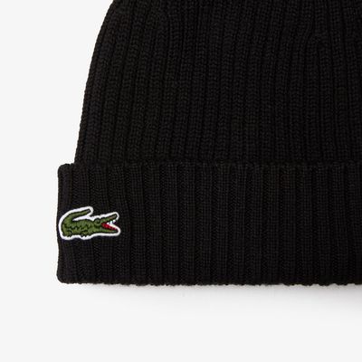 Lacoste RB0001 51 031 Men's Knit Ribbed Beanie/BLACK