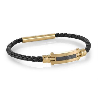 Italgem SLB642 Men's Gun-IP- S.Steel Carbon Fibre Inlay- 4mm Black Leather Bracelet/ 7.5"+0.5"