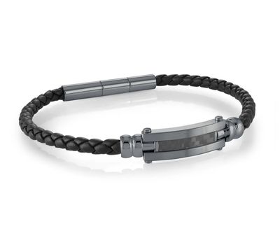 Italgem SLB643 Men's Gun-IP- S.Steel Carbon Fibre Inlay- 4mm Black Leather Bracelet/ 7.5"+0.5"- BLACK