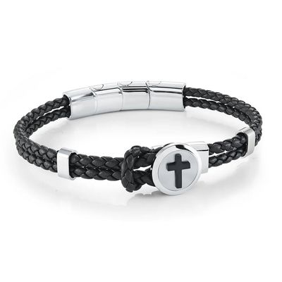 Italgem SLB673 Men's S.Steel Black IP Cross Black Leather Bracelet/ 7.5"+0.5"
