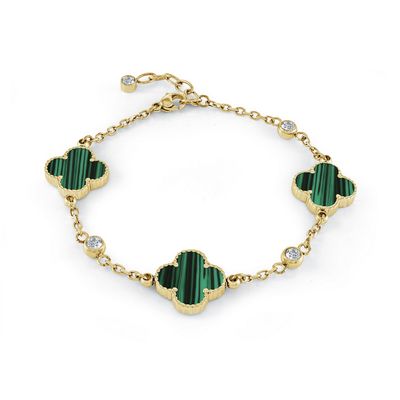 Italgem SWB219 Women's Gold-IP S. Steel Lucky Flower Green Malachite Bracelet