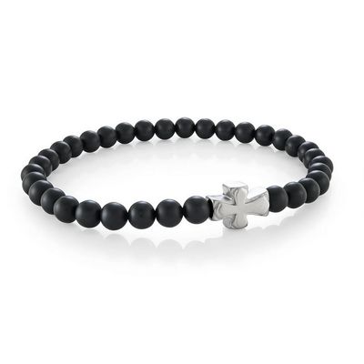 Italgem BB-420 Men's S.Steel Roman Cross 6MM Black Agat Bead Bracelet