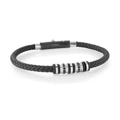Italgem SLB635 Men's S.Steel Cable Black-IP CZ-2 Way Clasp Bracelet/ BLACK LEATHER
