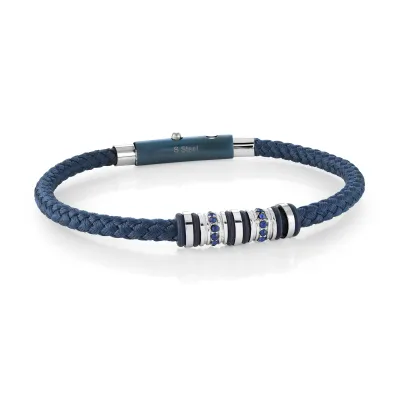 Italgem SLB636 Men's S.Steel Cable Black-IP CZ-2 Way Clasp Bracelet/ NAVY LEATHER