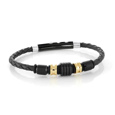 Italgem SLB521 Men's Black-Gold-IP S. Steel Mix Beads Black Leather Adjustable Bracelet