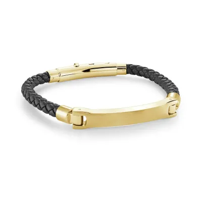 Italgem SLB577 Men's Gold IP S. Steel Wave Design 3 Way Clasp Black Leather Bracelet