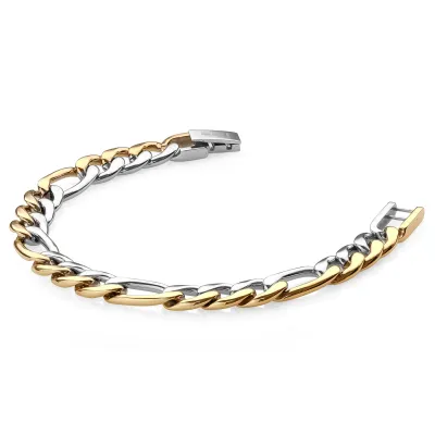 Italgem SMB279 Men's Gold-IP-Half S.Steel-Half 9.5MM Figaro Link 8"+0.5" Ext Bracelet