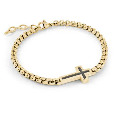 Italgem SMB818 Men's Black-IP Gold-IP S.Steel 4MM Box Link Cross Bracelet