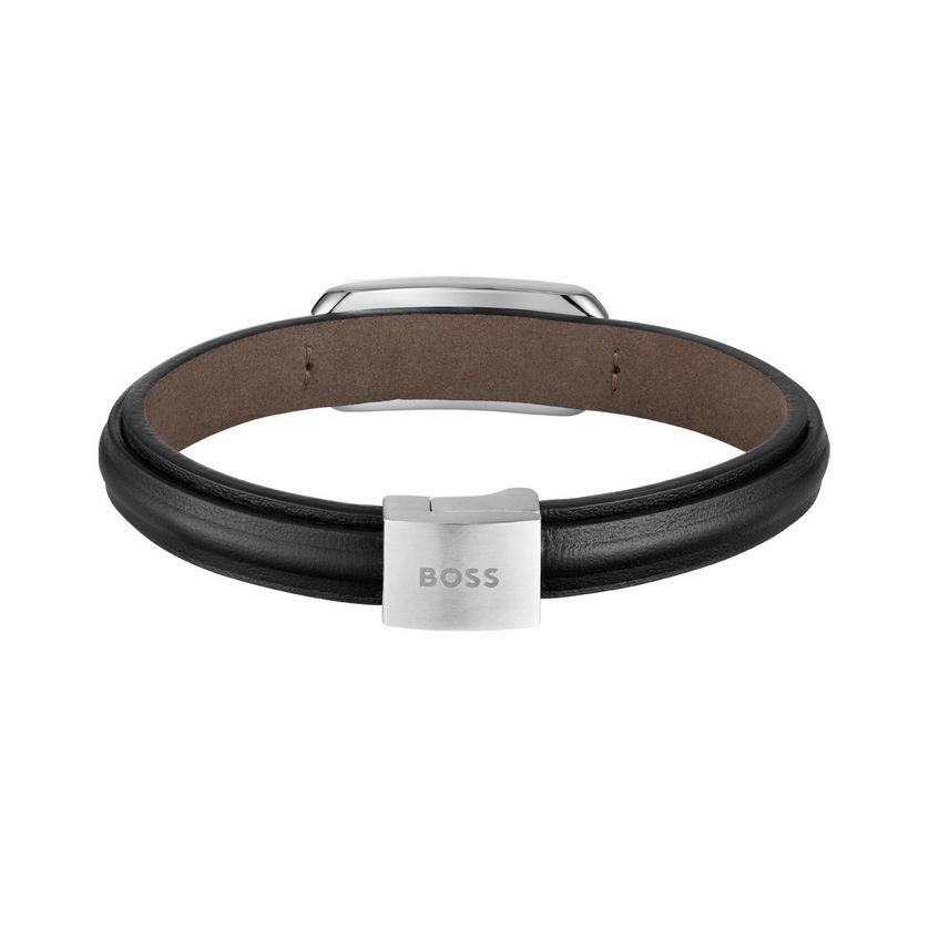 Boss 1580783M Men's Black Leather & Silver Hardware Bracelet