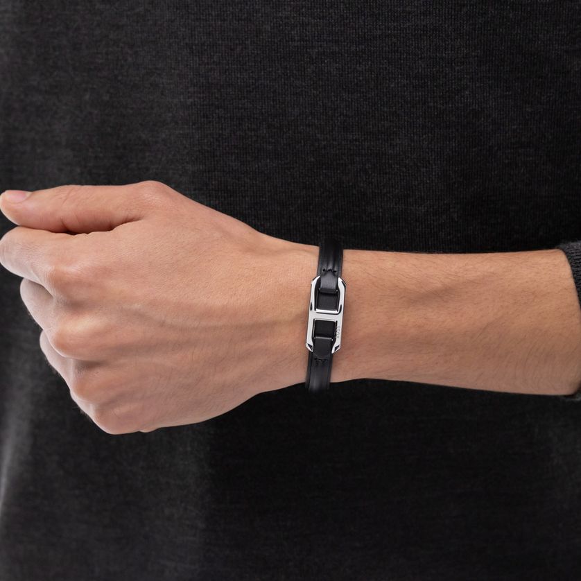 Boss 1580783M Men's Black Leather & Silver Hardware Bracelet