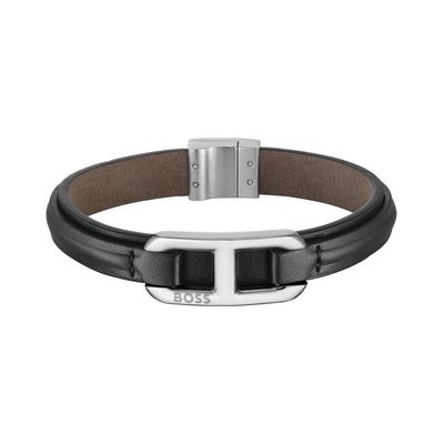 Boss 1580783M Men's Black Leather & Silver Hardware Bracelet