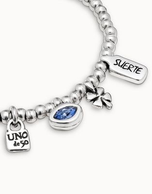 UNOde50 PUL2255AZUMTL0M Small Silver Bead Bracelet with Blue Stone and Clover Pendant