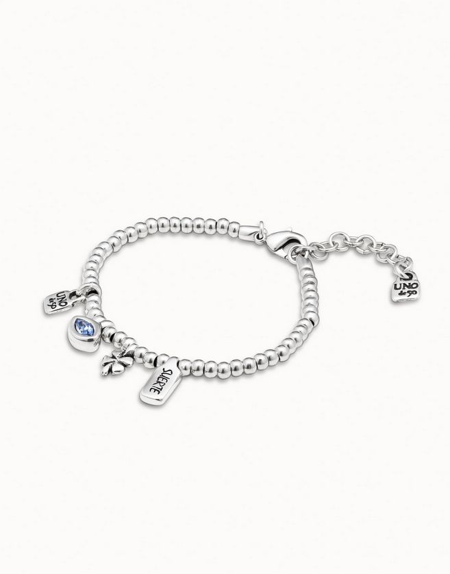 UNOde50 PUL2255AZUMTL0M Small Silver Bead Bracelet with Blue Stone and Clover Pendant