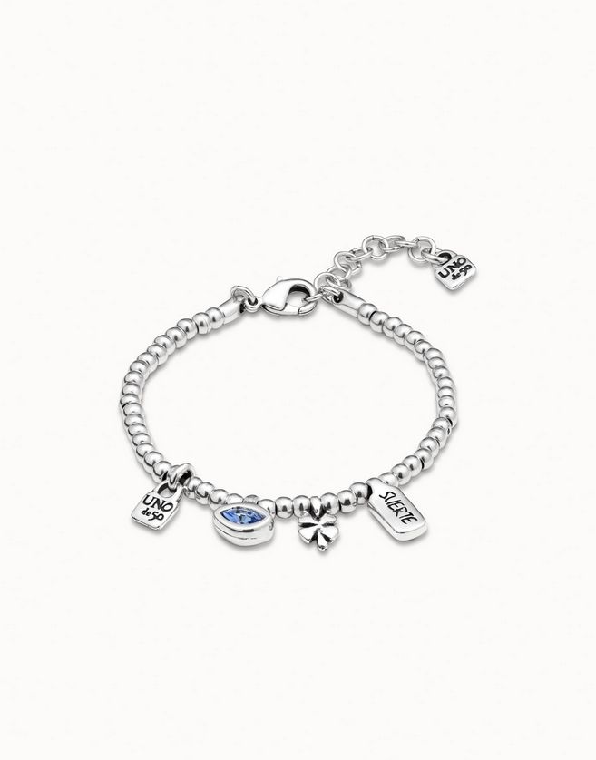UNOde50 PUL2255AZUMTL0M Small Silver Bead Bracelet with Blue Stone and Clover Pendant