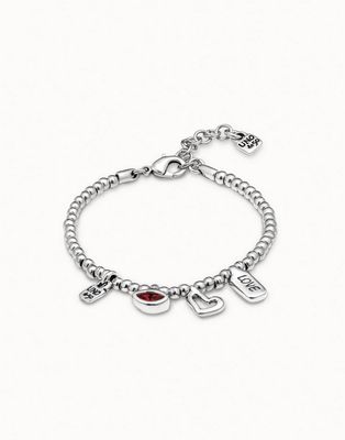 UNOde50 PUL1852ROJMTL0M Silver Beaded Bracelet w/ Red Swarovski Stone & Charms