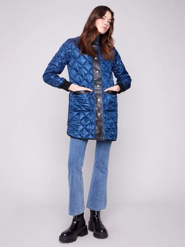 Charlie B C6313RP Women's Reversible Jacquard Quilted Puffer Coat