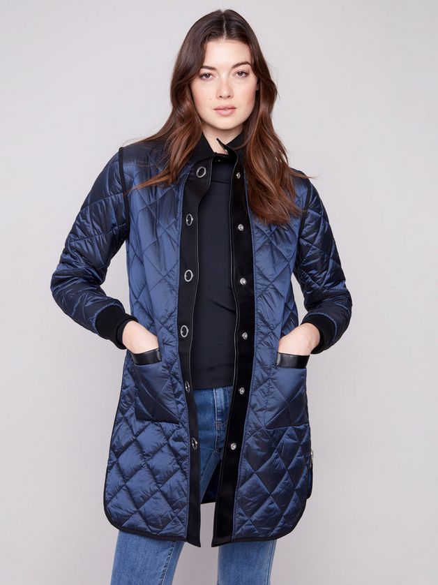 Charlie B C6313RP Women's Reversible Jacquard Quilted Puffer Coat