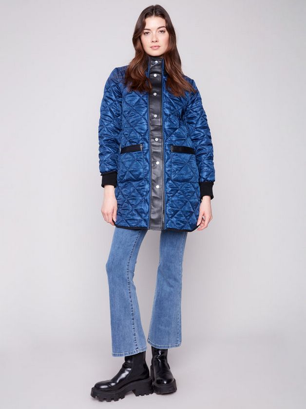 Charlie B C6313RP Women's Reversible Jacquard Quilted Puffer Coat