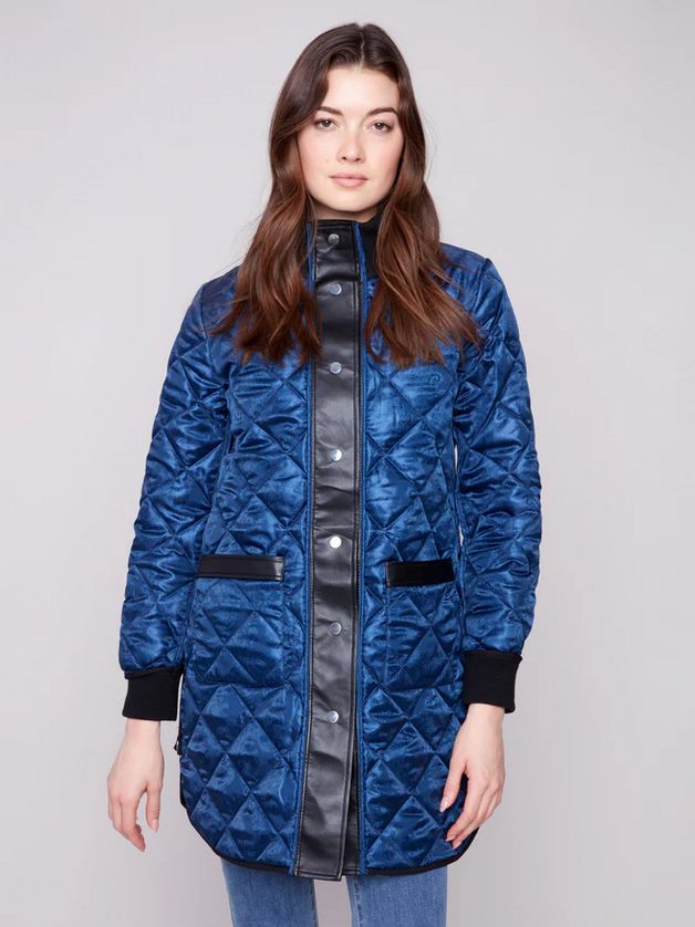 Charlie B C6313RP Women's Reversible Jacquard Quilted Puffer Coat
