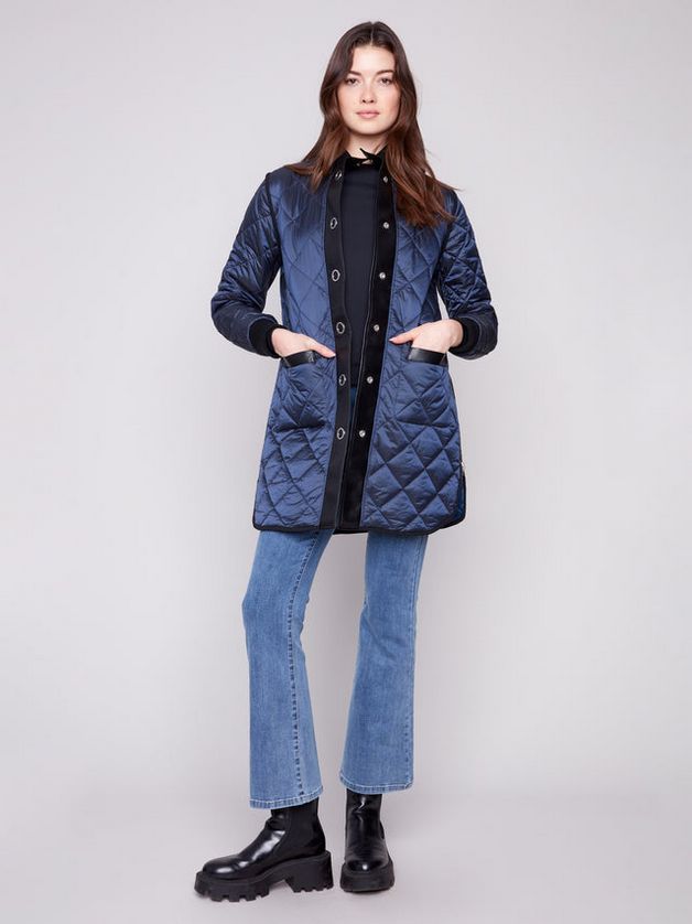 Charlie B C6313RP Women's Reversible Jacquard Quilted Puffer Coat