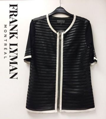 Frank Lyman 196146U Women’s 1/2 Slv Mesh & Vegan Leather Stripe Jacket/ WHITE- BLACK