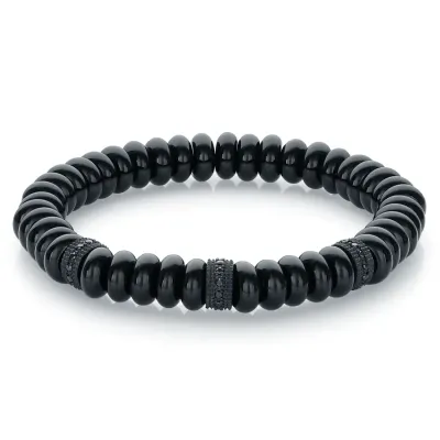 Italgem BB-93 Men's Shiny Onyx Black S. Steel & Black CZ Bead Bracelet