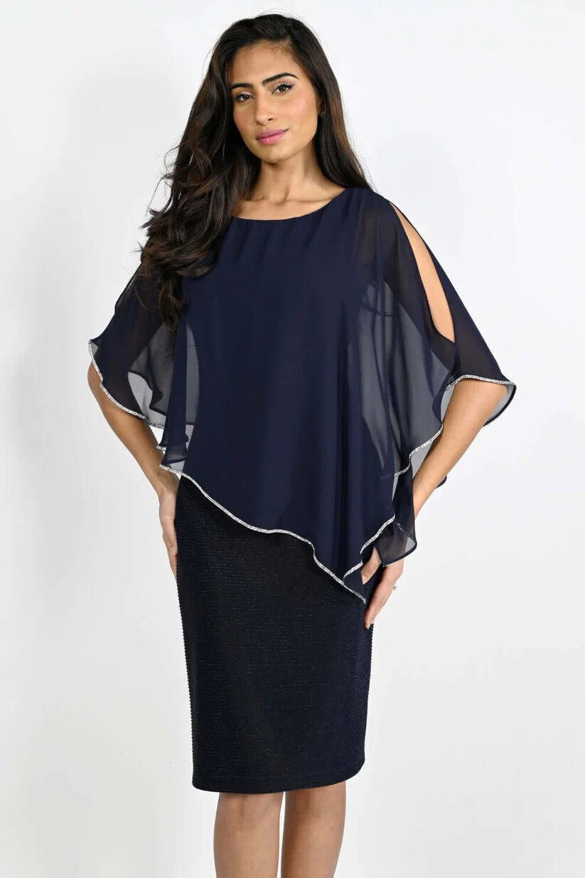 Frank Lyman 219203 Women’s SL Rhinestone Border Cold Shoulder Chiffon Overlay & Ribbed Dress – Midnight
