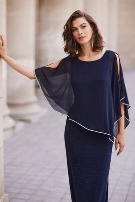 Frank Lyman 219203 Women’s SL Rhinestone Border Cold Shoulder Chiffon Overlay & Ribbed Dress – Midnight
