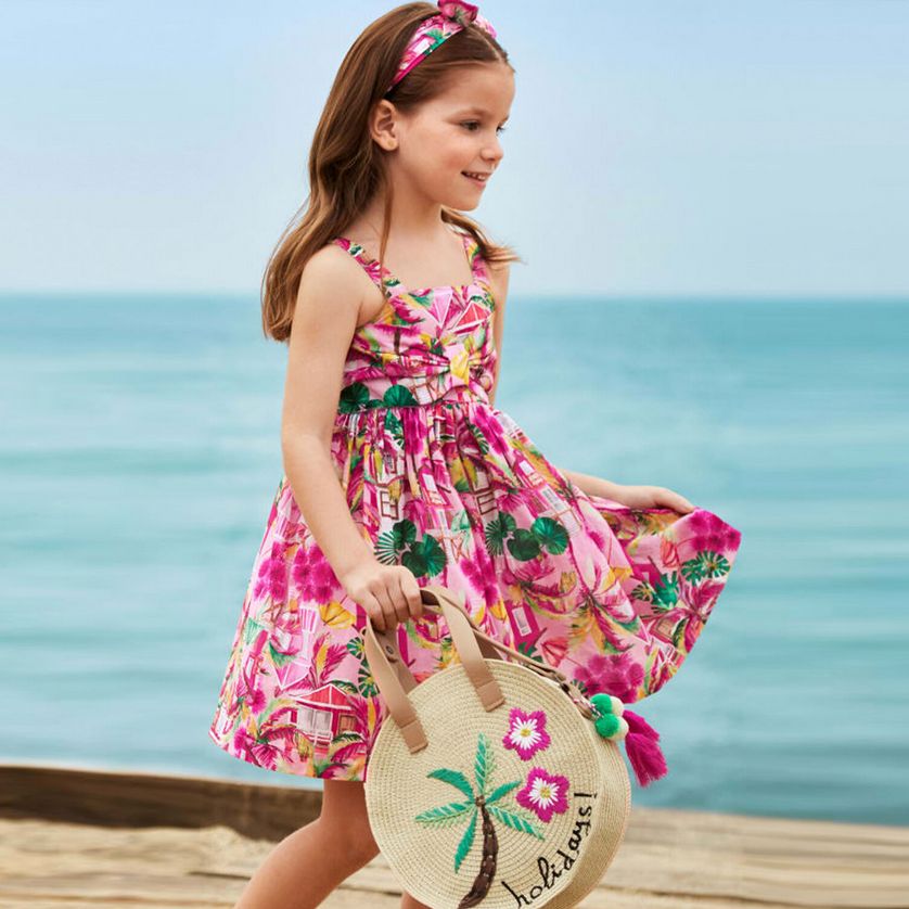 Mayoral 3941 Girl's camel colored dress with animals and tropical flowers
