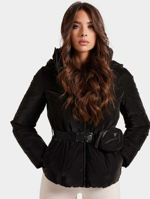 Guess black winter coat Style Bella Jacket W1BL13WE4D2 with pouch for women