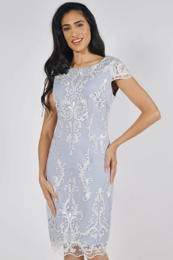 Frank Lyman 222280 Women’s Cap Sleeve Embossed Lace Dress – White- Blue