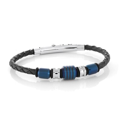 Italgem SLB520 Men's S. Steel Blue-IP Mix Beads Blue Leather Adjustable Bracelet