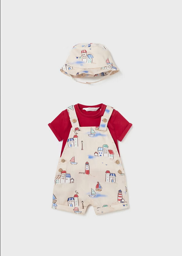Mayoral 1638 Baby Boy's Short Sleeve Beach T-Shirt, Overalls & Hat Set 3PC