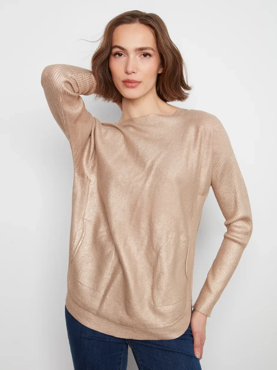 Charlie B C2170-464A Women's Round Hem Sweater w/Front Pockets & Back Lacing