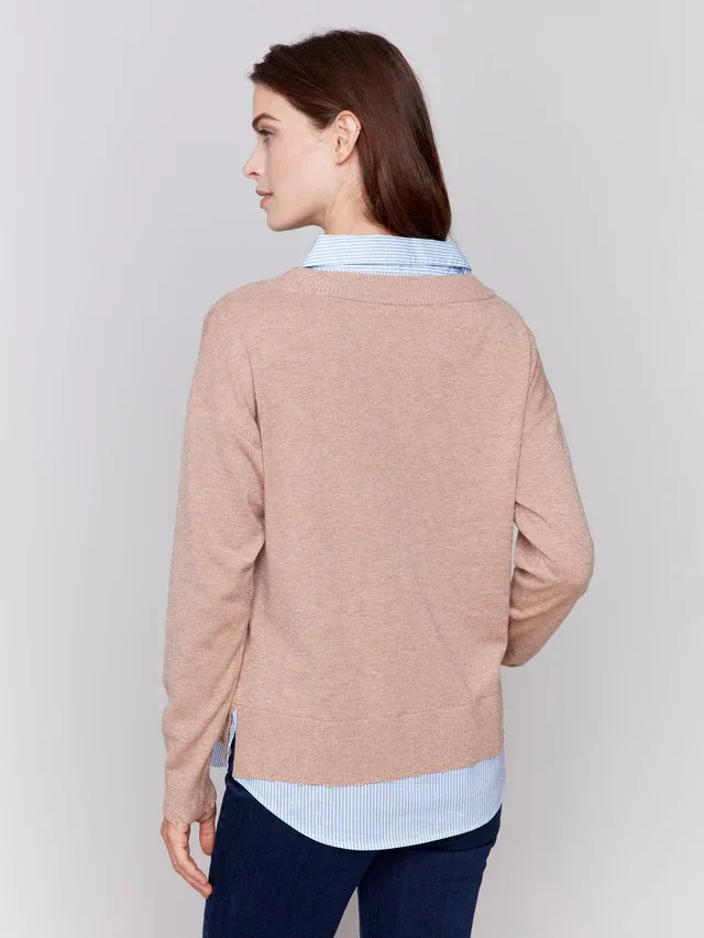 Charlie B C2568 Women's Plushy Knit Fooler Sweater w/ Shirt Collar