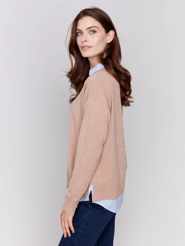Charlie B C2568 Women's Plushy Knit Fooler Sweater w/ Shirt Collar