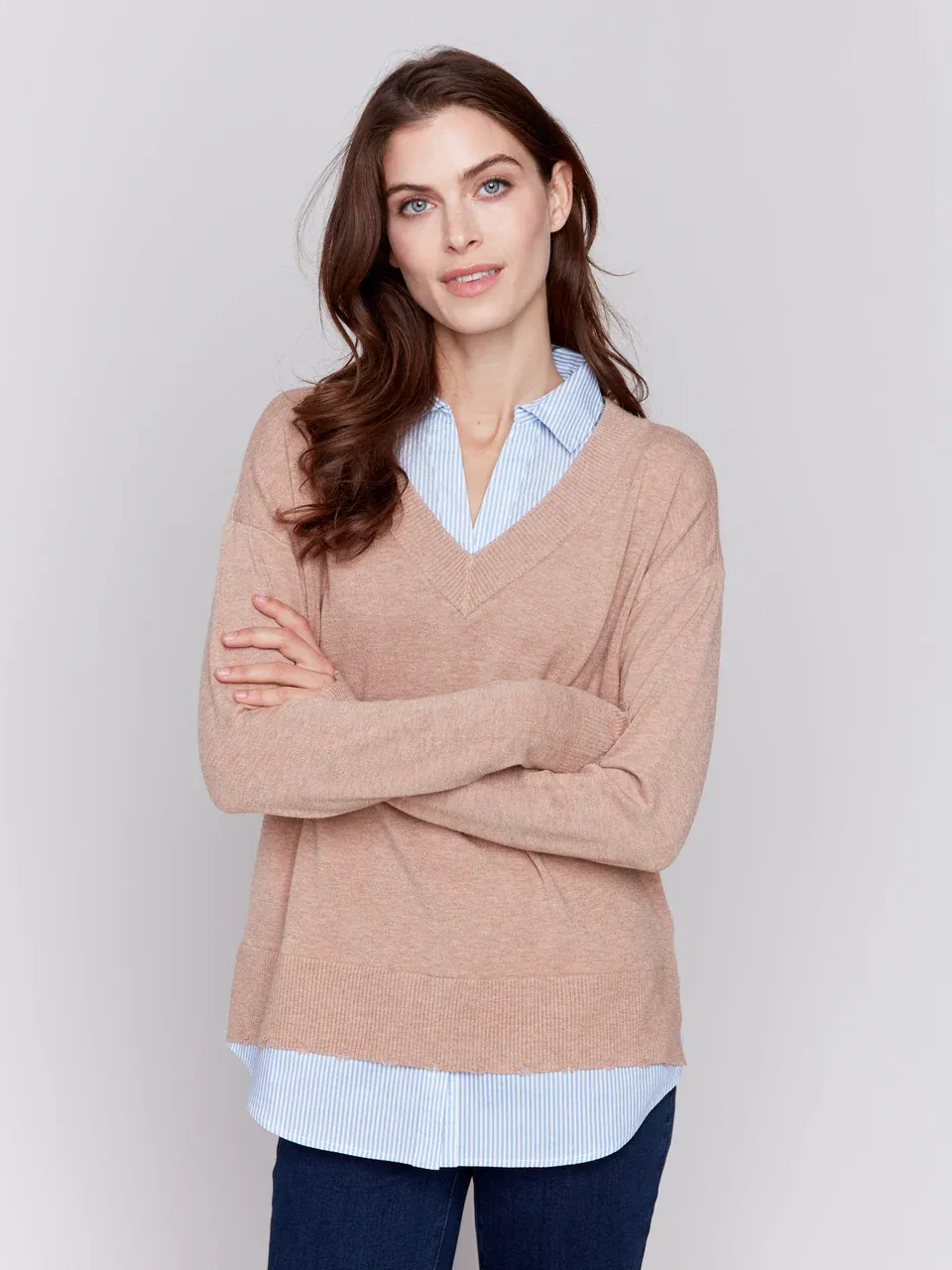 Charlie B C2568 Women's Plushy Knit Fooler Sweater w/ Shirt Collar