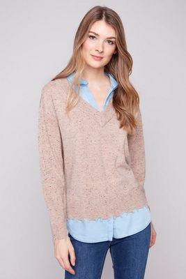 Charlie B C2568 Women's Plushy Knit Fooler Sweater w/ Shirt Collar/