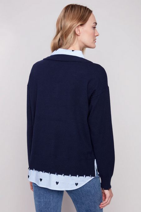 Charlie B C2568 Women's Plushy Knit Fooler Sweater w/ Shirt Collar