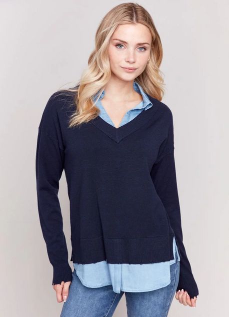 Charlie B C2568 Women's Plushy Knit Fooler Sweater w/ Shirt Collar