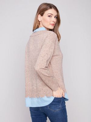 Charlie B C2568 Women's Plushy Knit Fooler Sweater w/ Shirt Collar/